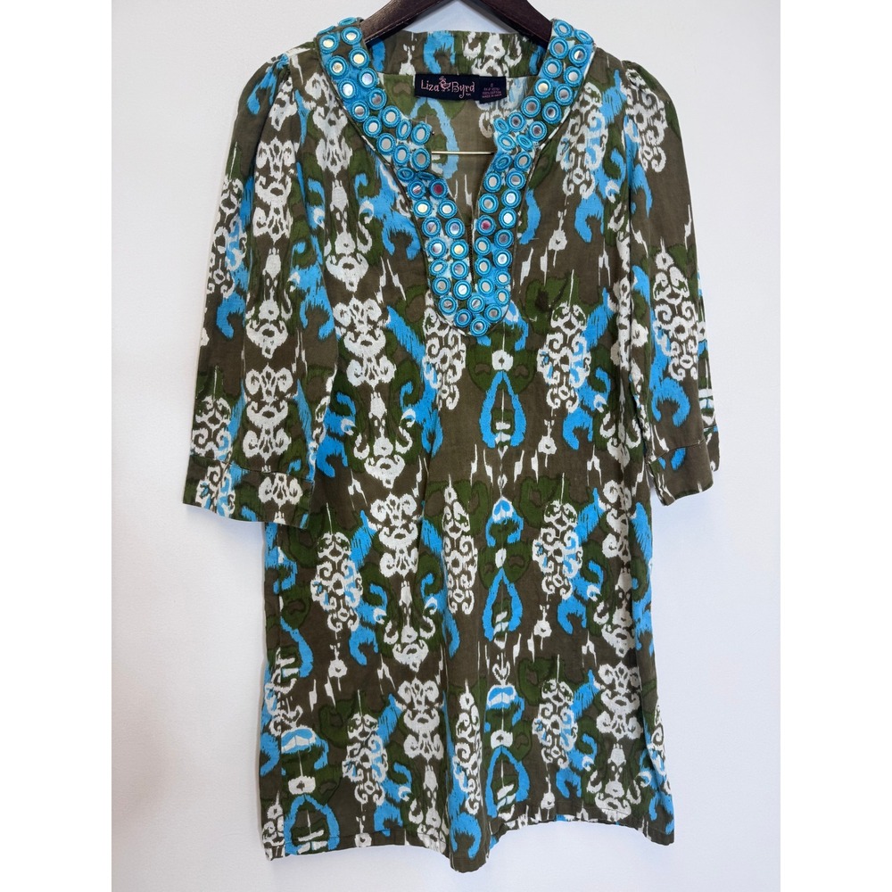 Liza Byrd Cotton Ikat Tunic Dress Blue Brown Mirror Work Embroidery Small‎